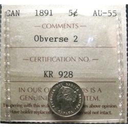 1891 5¢ ICCS AU55.   A quality coin ful
