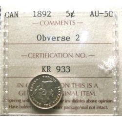 1892 5¢ ICCS AU50.  Lovely coin with fu