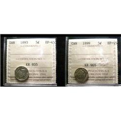 1893 & 1899 5¢.  Lot of 2 coins both EF