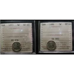 1893 & 1896 5¢ both ICCS EF45.  Both ni