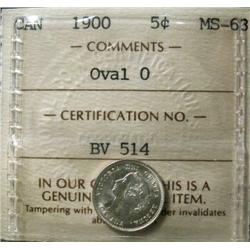 1900 Oval O 5¢  ICCS MS63.  Brilliant w