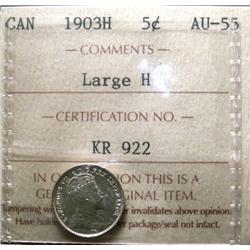 1903H 5¢ ICCS AU55.  Large H variation,