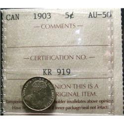 1903 5¢ ICCS AU50.  Full white nicely s