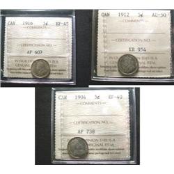 1904 EF40, 1912 AU50, 1916 EF45 5¢ all