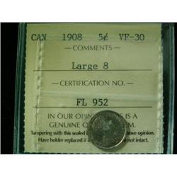 1908 Large 8 5¢  ICCS VF30.  Lightly to