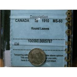 1910 Round Leaves 5¢  CCCS MS60.  Light