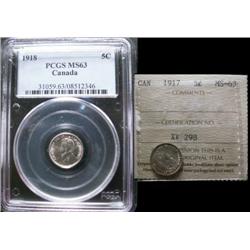 1917 5¢ ICCS MS63 & 1918 5¢ PCGS MS63.