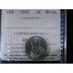 1922 5¢ ICCS MS64.  A superb lovely str