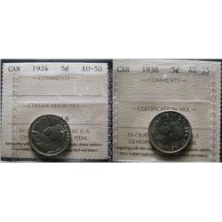 1924 5¢ ICCS AU50 & 1938 5¢ ICCS AU55.