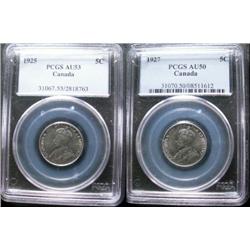 1925 5¢ PCGS AU53 & 1927 5¢ PCGS AU50.