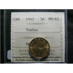1942 Tombac  5¢  ICCS MS65.  Fully stru