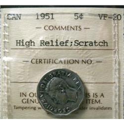 1951 High Relief  5¢  ICCS VF20.  Scarc