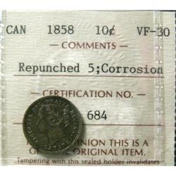 1858  Repunched 5  10¢  ICCS VF30.  Hea