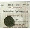Image 1 : 1858  Repunched 5  10¢  ICCS VF30.  Hea