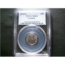 1874H 10¢ PCGS MS62.  Solid example wit