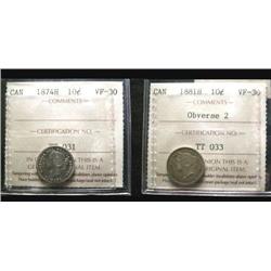 1874H 10¢ ICCS VF30 & 1881H 10¢ VF30 Ob