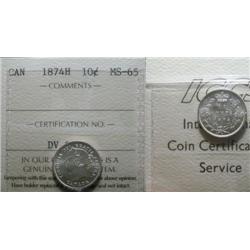 1874H  10¢  ICCS MS65.  Fully struck wi