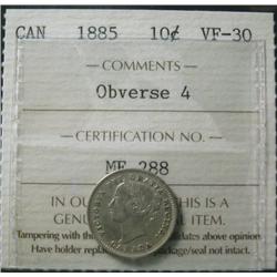 1885 10¢  Obverse 4, ICCS VF30.  Light