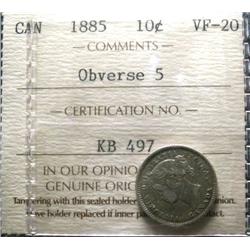 1885 10¢ ICCS VF20 Obv 5.  Well struck