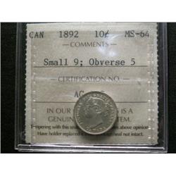 1892 10¢ Sml 9 ICCS MS64 Obv5.  Super e