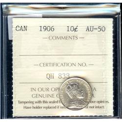 1906 10¢  ICCS AU50. Nice toning on rev