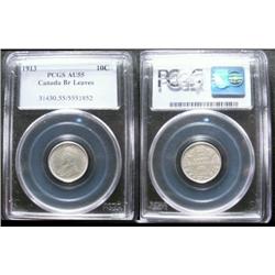 1913 10¢ PCGS AU55.  RARE Broad Leaf in
