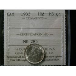 1933 10¢  ICCS MS64.  Brilliant with fu