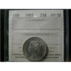 1901  25¢  ICCS AU50.  Light attractive