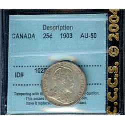 1903  25¢  CCCS AU50.  Light to medium