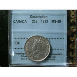 1913  25¢  CCCS MS60.  Brilliant and qu