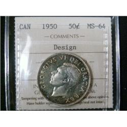 1950 50¢ ICCS MS64. Design variety cert