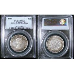 1953 50¢ PCGS MS65.  SD No Strp variety