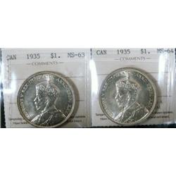 1935 $1 ICCS MS63 & MS64.  Lot of two c