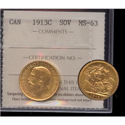 1913c Gold Sovereign ICCS MS63.  A nice