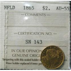 Newfoundland $2 Gold 1865  ICCS AU55.