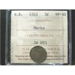 New Brunswick 1862 5¢  ICCS VF30 Marks.