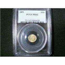 USA 1851  $1  Gold  PCGS MS62.  Nice ex