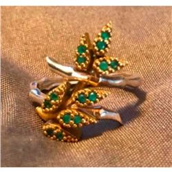Vintage Sterling Silver & Emerald Bamboo Leaves Ring
