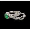Image 3 : 14KT White Gold 1.43 ctw Emerald and Diamond Wedding Ring Set