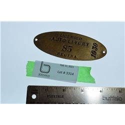 REGINA BRASS LIVERY LICENSE PLATE 1935