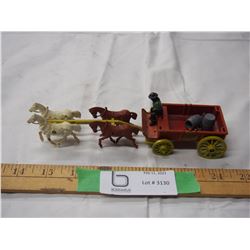 Rare cast metal wagon, horses, and man toy (made in England, total length 7 1/2" long)