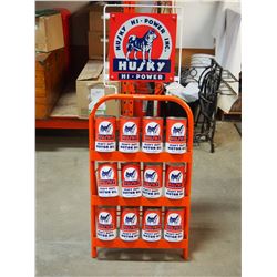 Husky oil tin metal rack comes with 12 display cans (1 full, the rest empty)