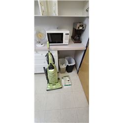 KENMORE VACCUM CLEANER, MICROWAVE, COFFEE MAKER, TWO TRASH CANS