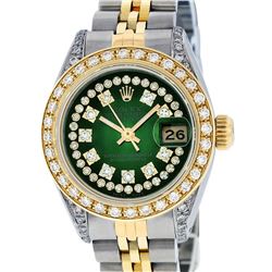 Rolex Ladies 2 Tone Green Vignette Diamond Lugs 26MM Oyster Perpetual Datejust