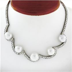 Platinum 10.25 ctw Diamond & Floating South Sea Pearl Statement Necklace