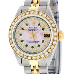 Rolex Ladies Two Tone Steel & Gold Pink MOP Emerald String Diamond Datejust Wristwatch