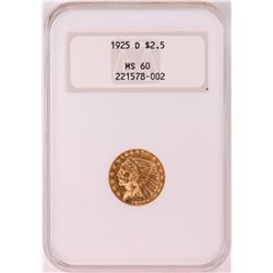 1925-D $2 1/2 Indian Head Quarter Eagle Gold Coin NGC MS60