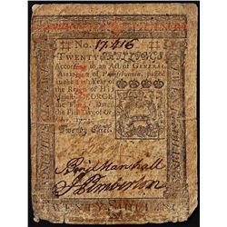 October 1, 1773 Pennsylvania 20 Shillings Colonial Currency Note