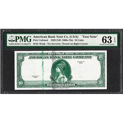 1929 10 Unit American Bank Note Co. "Test Note" PMG Choice Uncirculated 63EPQ
