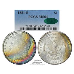 1881-S $1 Morgan Silver Dollar Coin PCGS MS64 CAC Amazing Toning